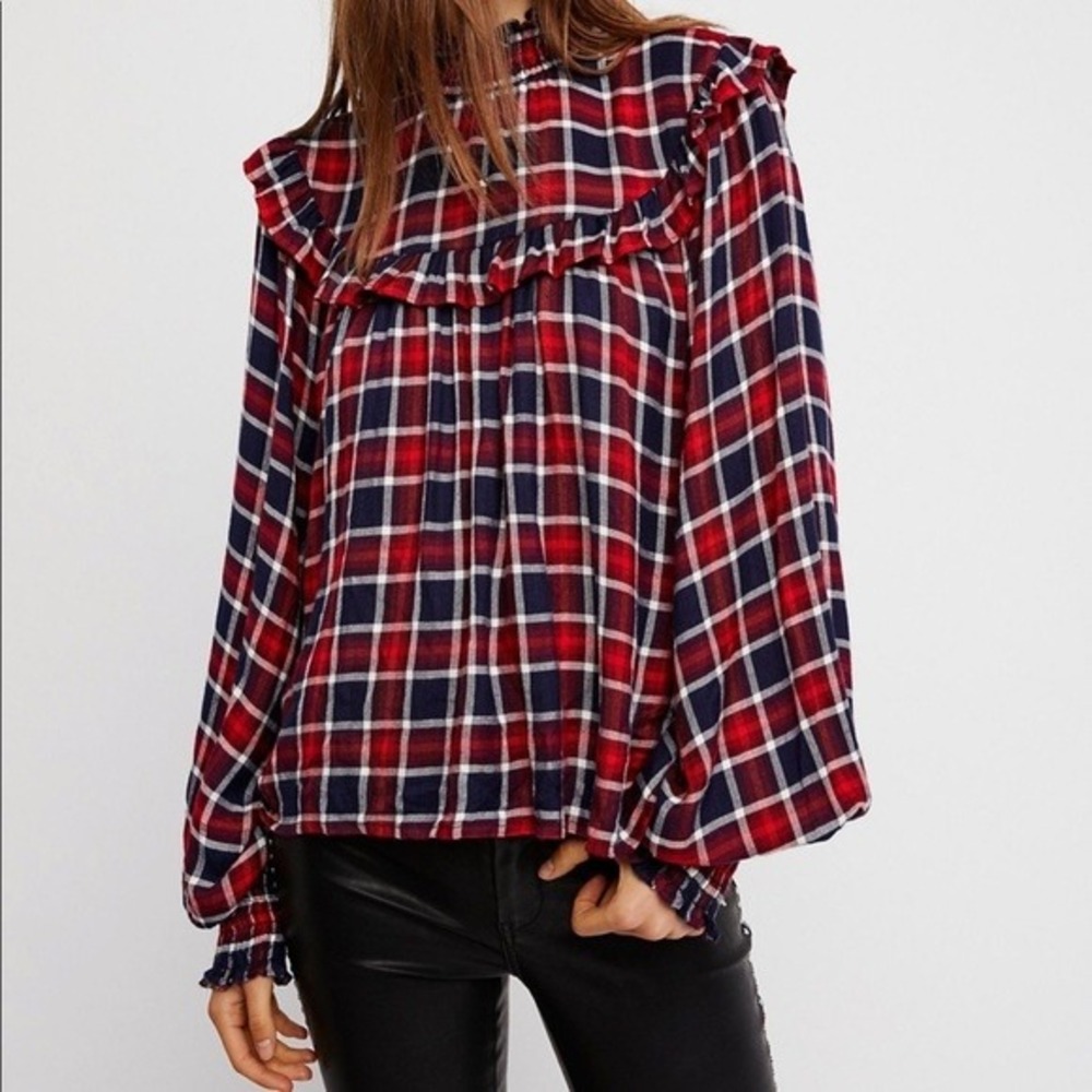 Free People Plaid Ruffle Long Sleeve Blouse Boho Cottage‎ Fall Farmhouse